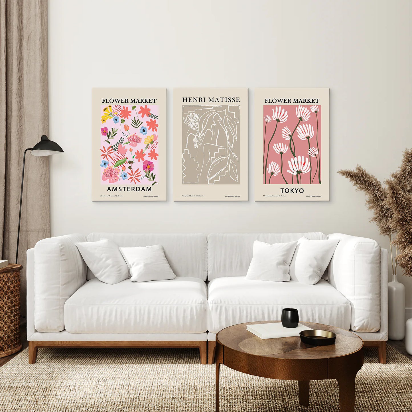 Pink and Beige Flower Market Set of 3 Prints. Retro Style. Canvas Print. Living Room