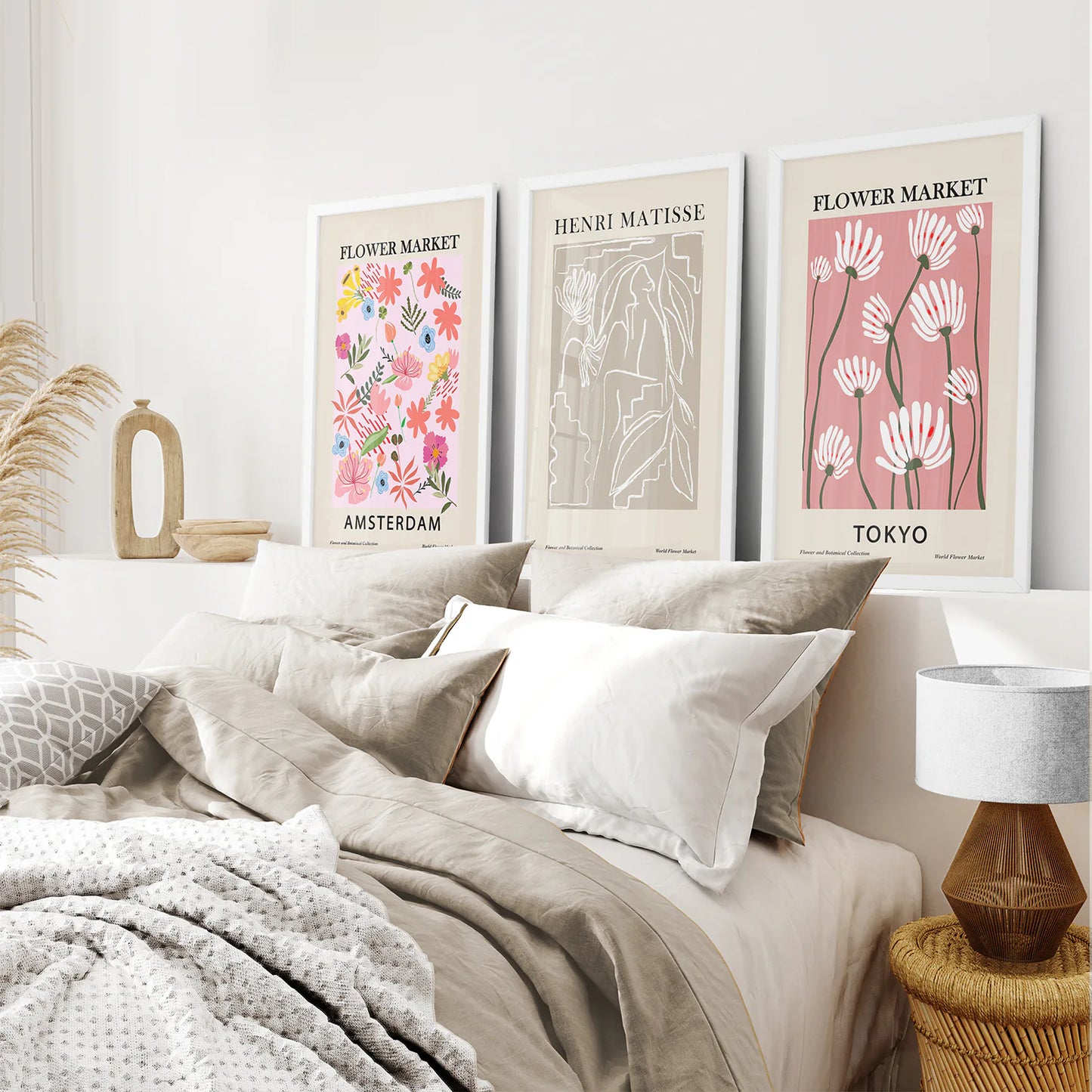 Pink and Beige Flower Market Set of 3 Prints. Retro Style. White Frame. Bedroom