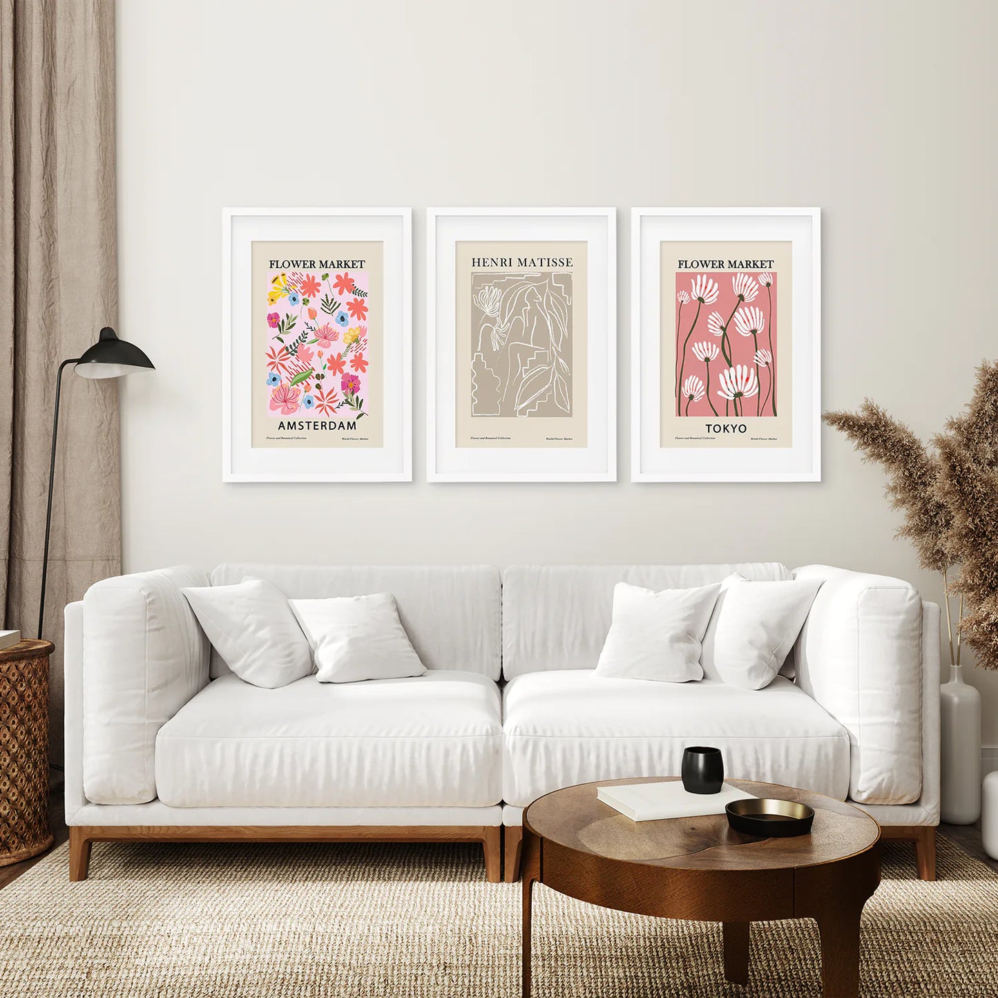 Pink and Beige Flower Market Set of 3 Prints. Retro Style. White Frame with Mat. Living Room