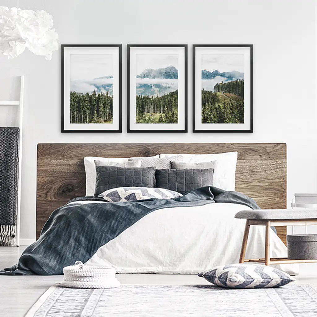 3 Piece Wall Art. Green Pine Tree Forest in Blue Mountains. Black Frames with Mat