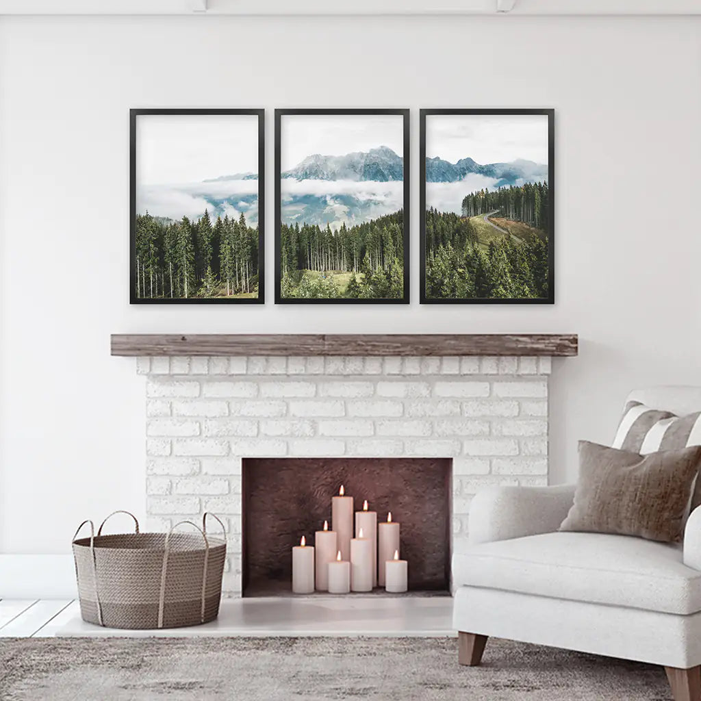 3 Piece Wall Art. Green Pine Tree Forest in Blue Mountains. Black Frames