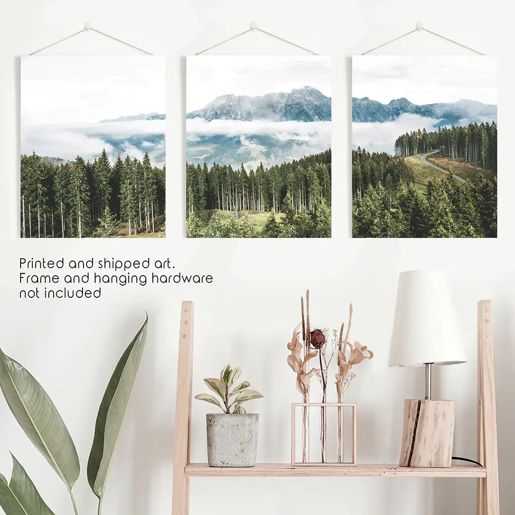 3 Piece Wall Art. Green Pine Tree Forest in Blue Mountains. Unframed Prints
