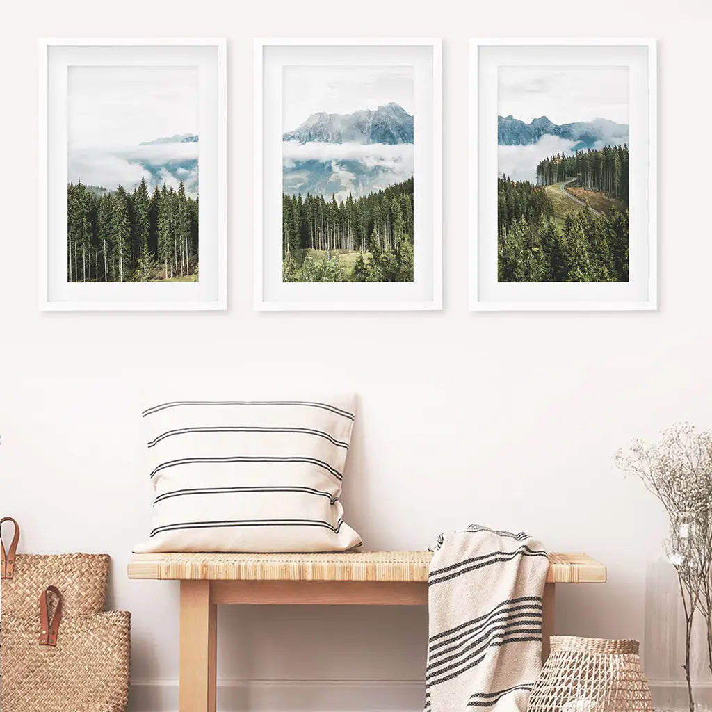 3 Piece Wall Art. Green Pine Tree Forest in Blue Mountains. White Frames with Mat