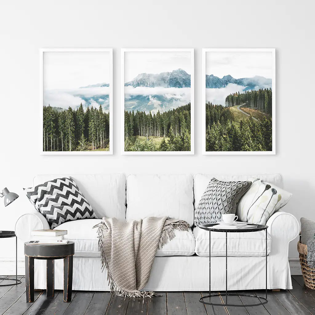 3 Piece Wall Art. Green Pine Tree Forest in Blue Mountains. White Frames