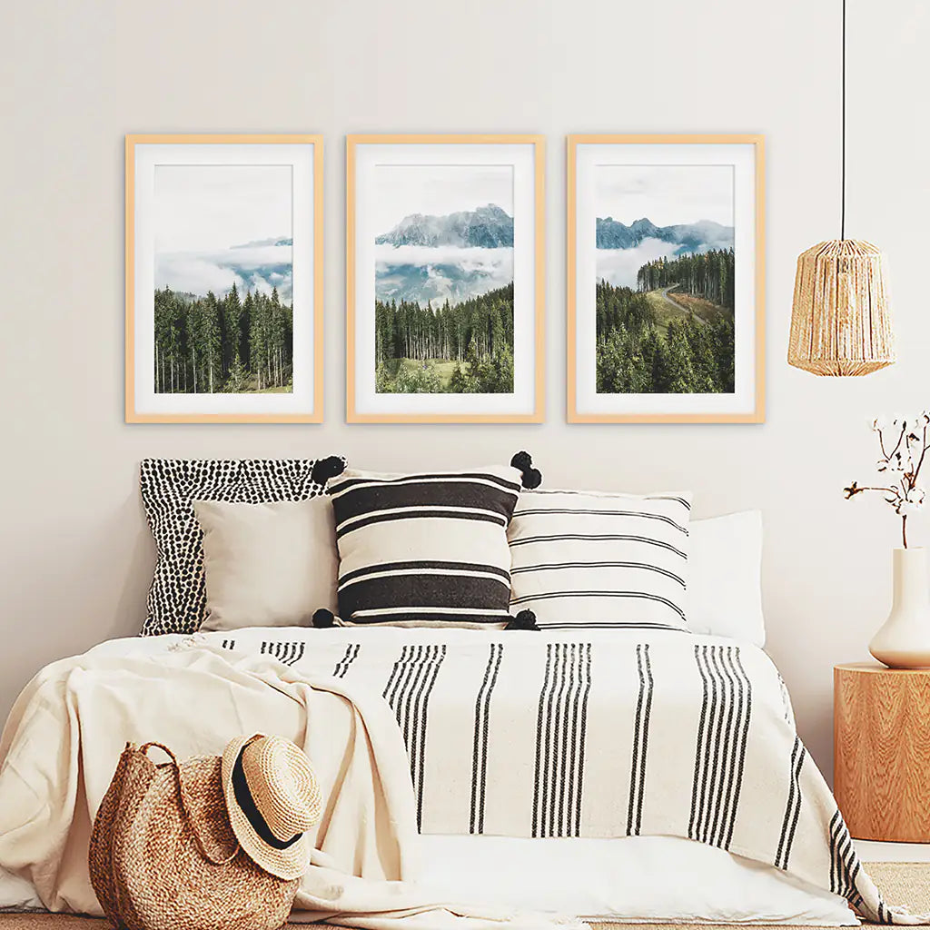 3 Piece Wall Art. Green Pine Tree Forest in Blue Mountains. Wood Frames with Mat
