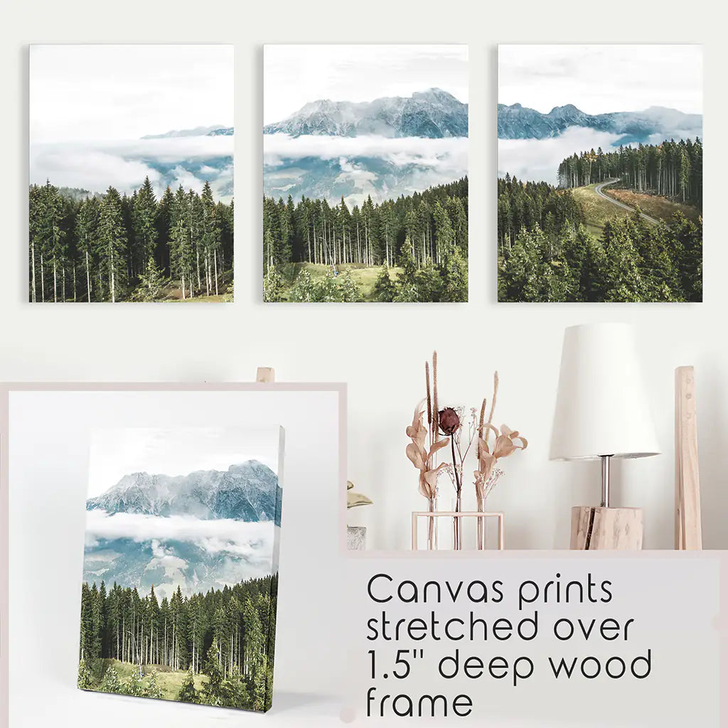 3 Piece Wall Art. Green Pine Tree Forest in Blue Mountains. Stretched Canvas