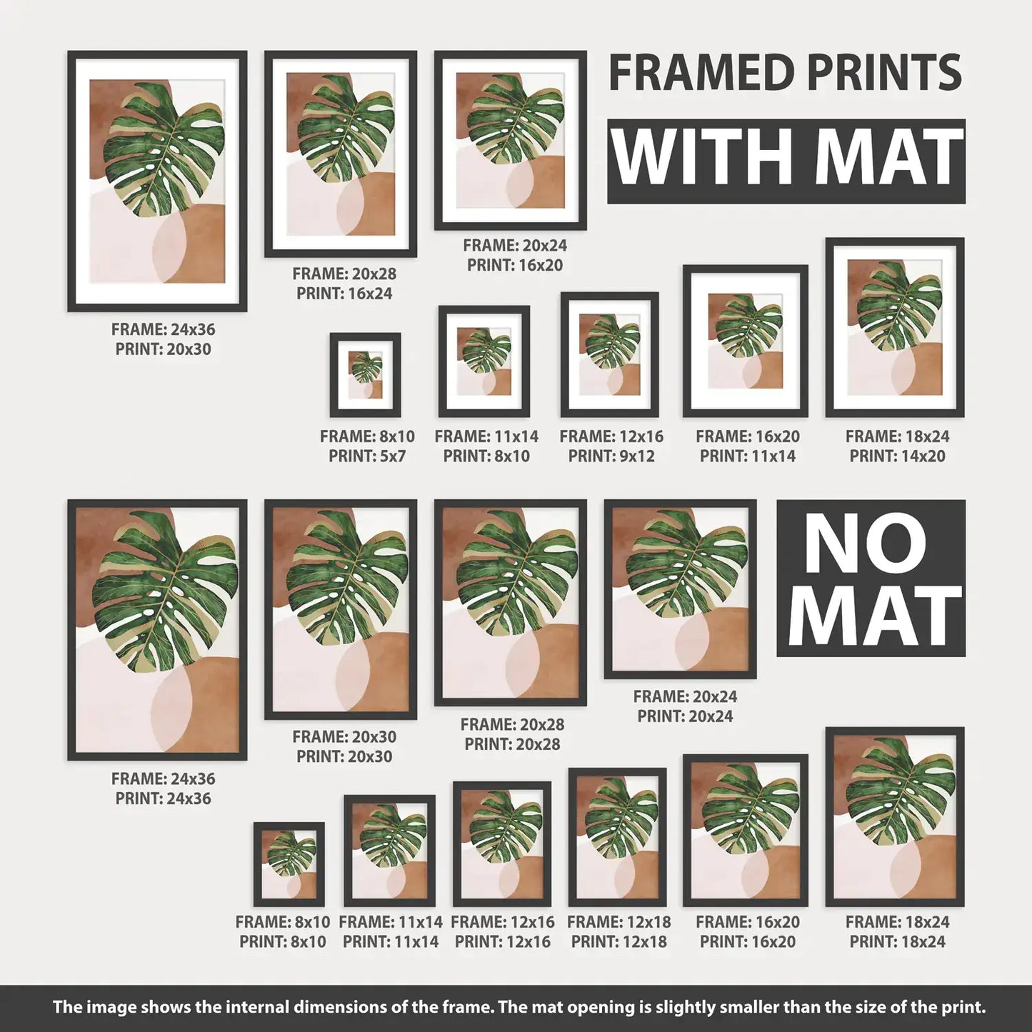 Frames with mats compared to frames without mats. Sizes and options