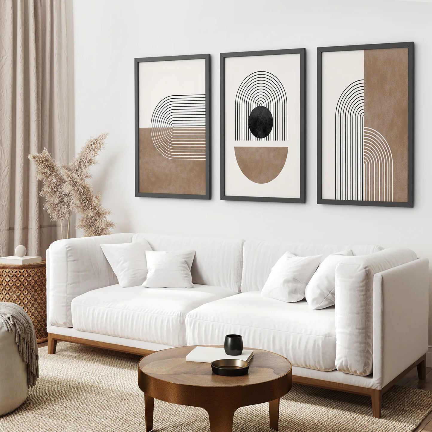 Geometric Abstract Arches Set of 3 Pieces. Black and Beige. Black Frame. Living Room
