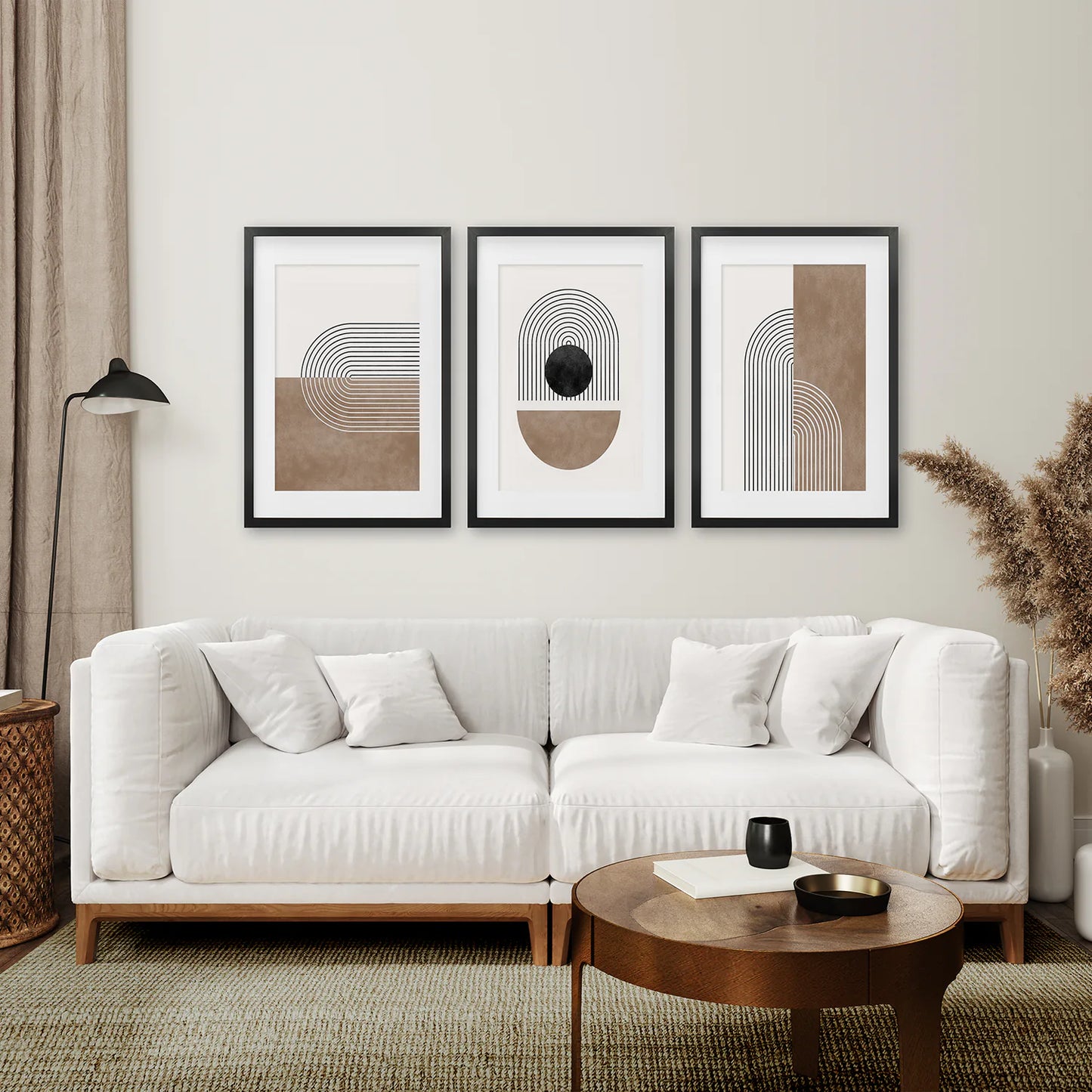 Geometric Abstract Arches Set of 3 Pieces. Black and Beige. Black Frame with Mat. Living Room