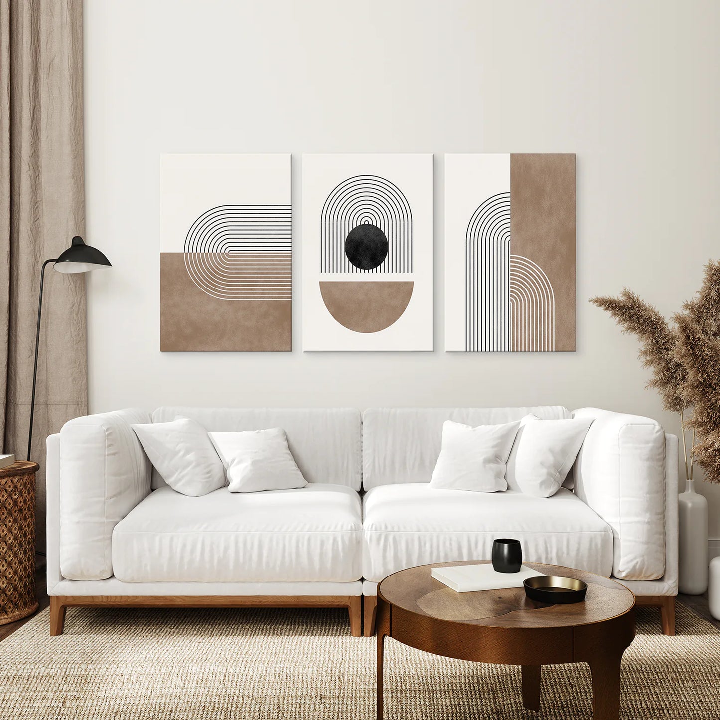 Geometric Abstract Arches Set of 3 Pieces. Black and Beige. Canvas Print. Living Room