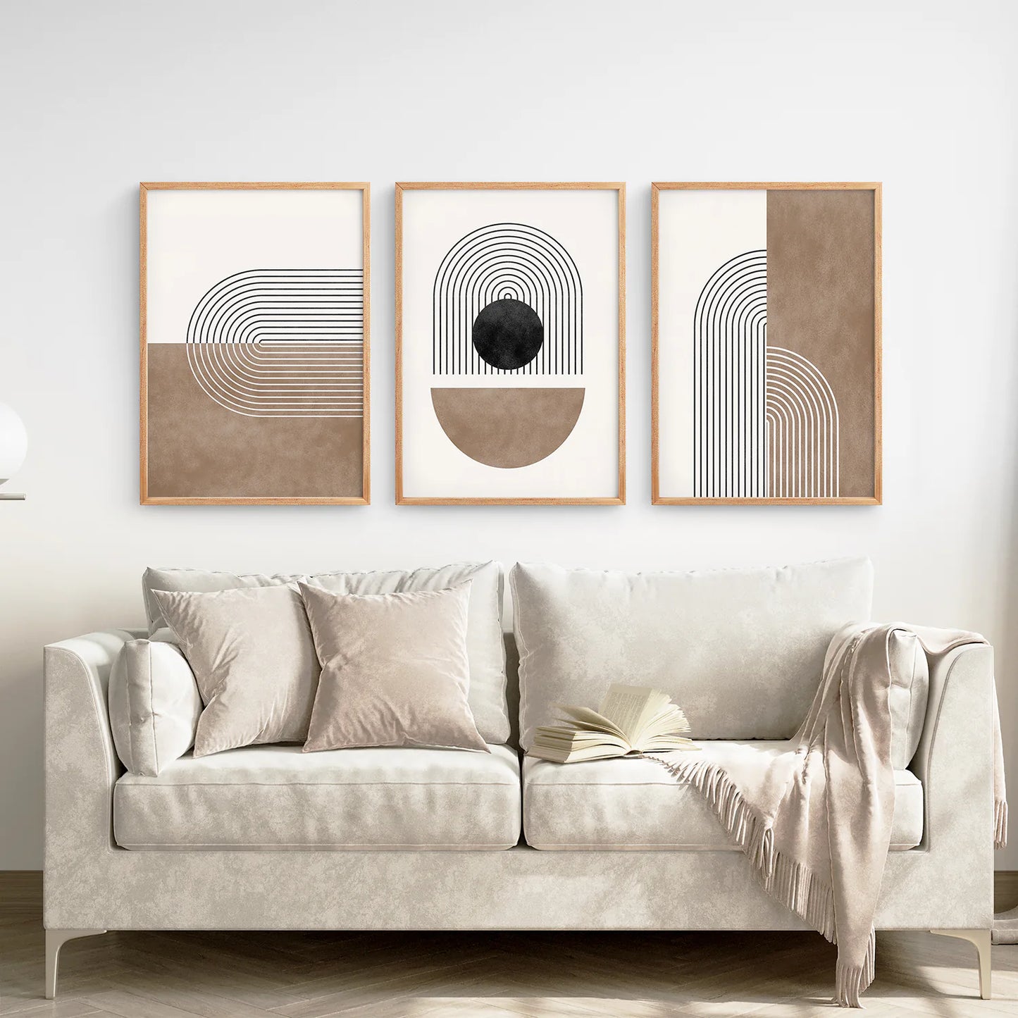 Geometric Abstract Arches Set of 3 Pieces. Black and Beige. Thinwood Frame. Living Room