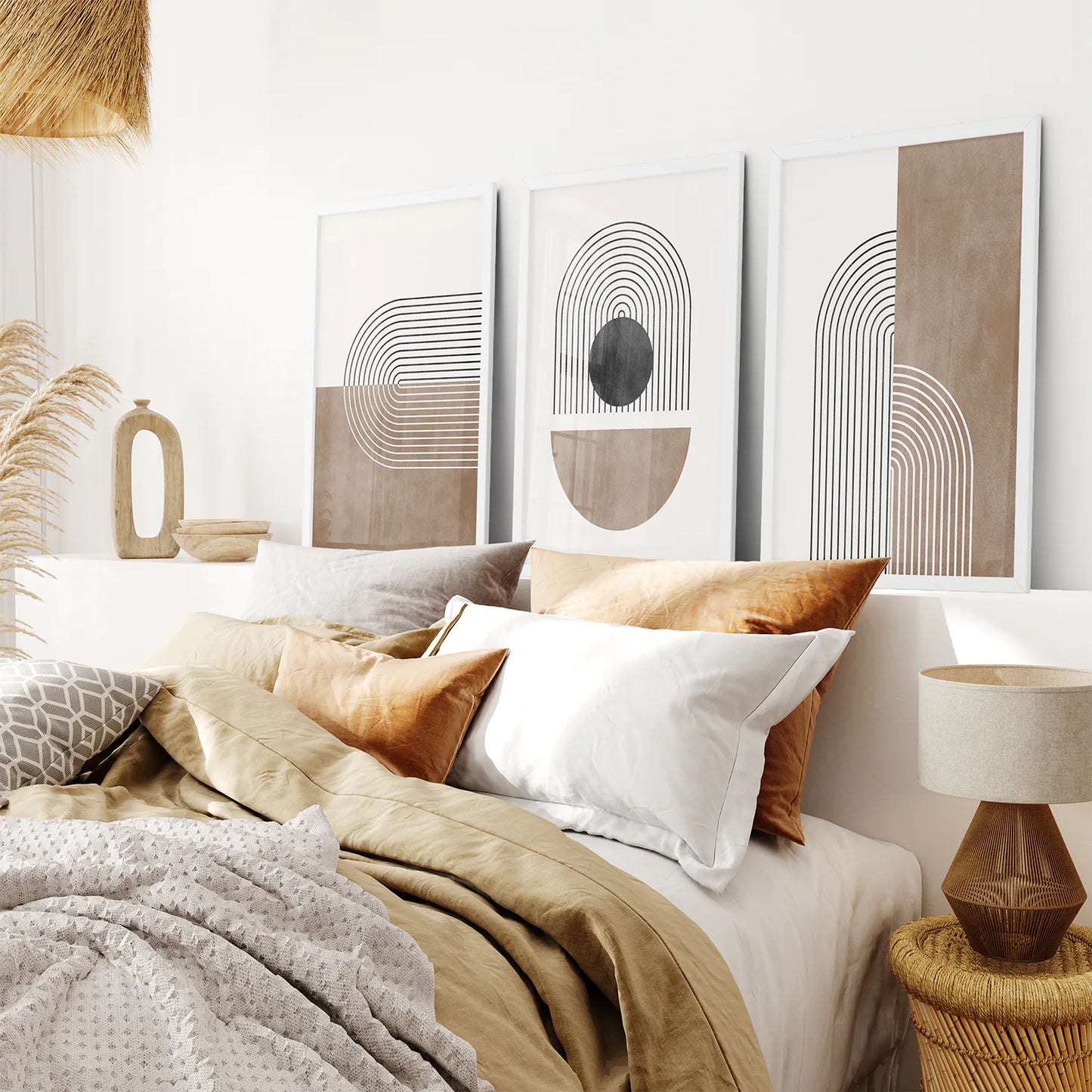 Geometric Abstract Arches Set of 3 Pieces. Black and Beige. White Frame. Bedroom