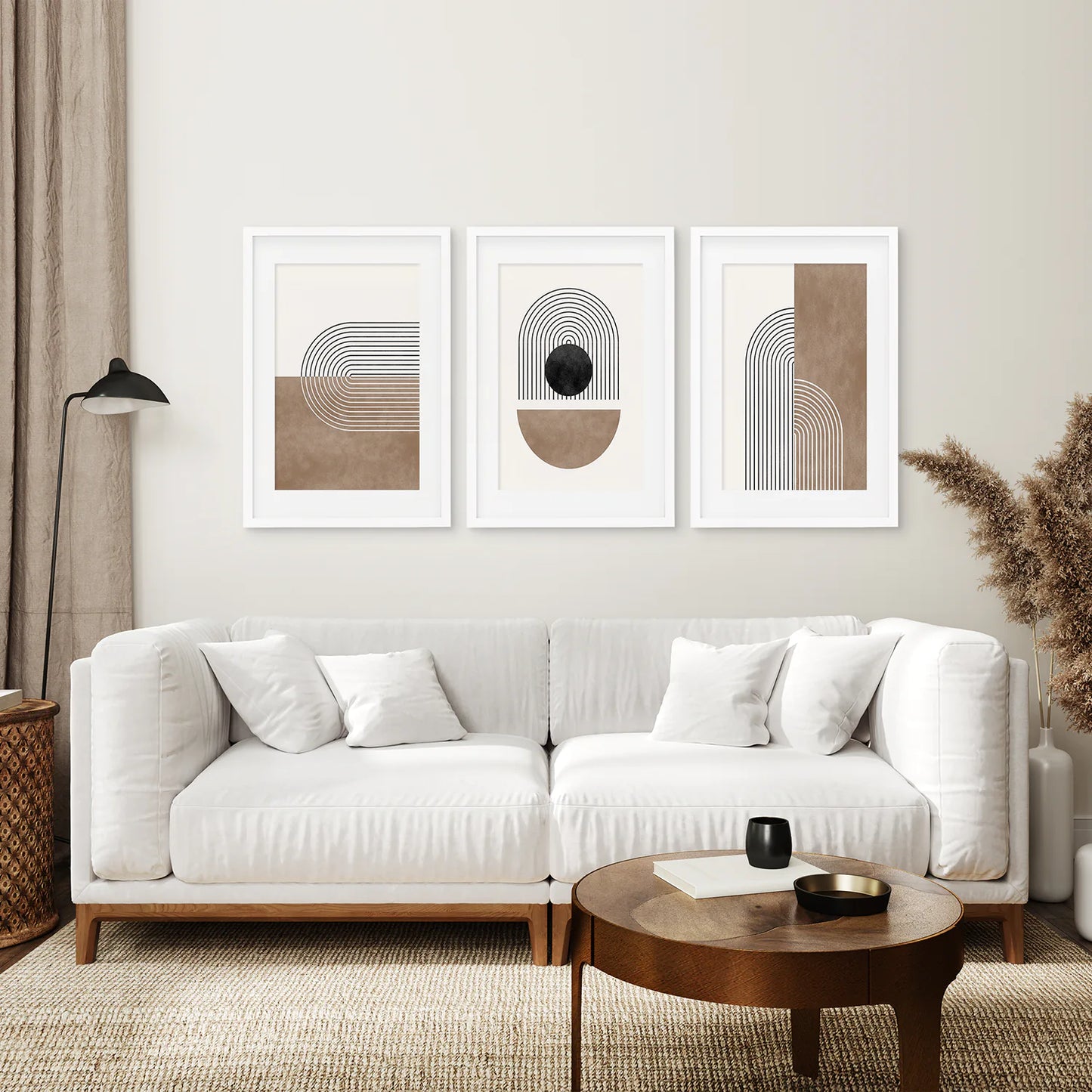 Geometric Abstract Arches Set of 3 Pieces. Black and Beige. White Frame with Mat. Living Room