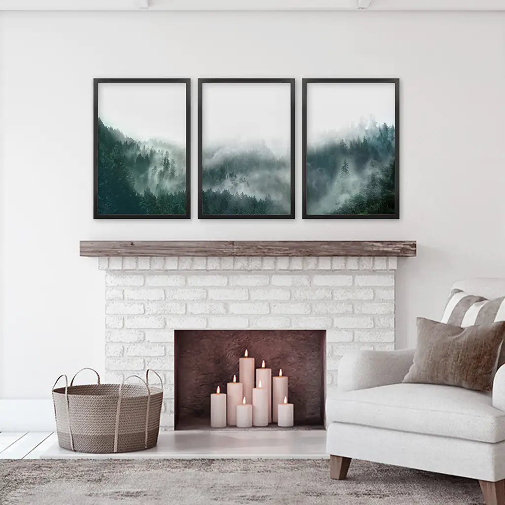 Nordic Foggy Large Forest. 3 Piece Set Triptych. Black Frames