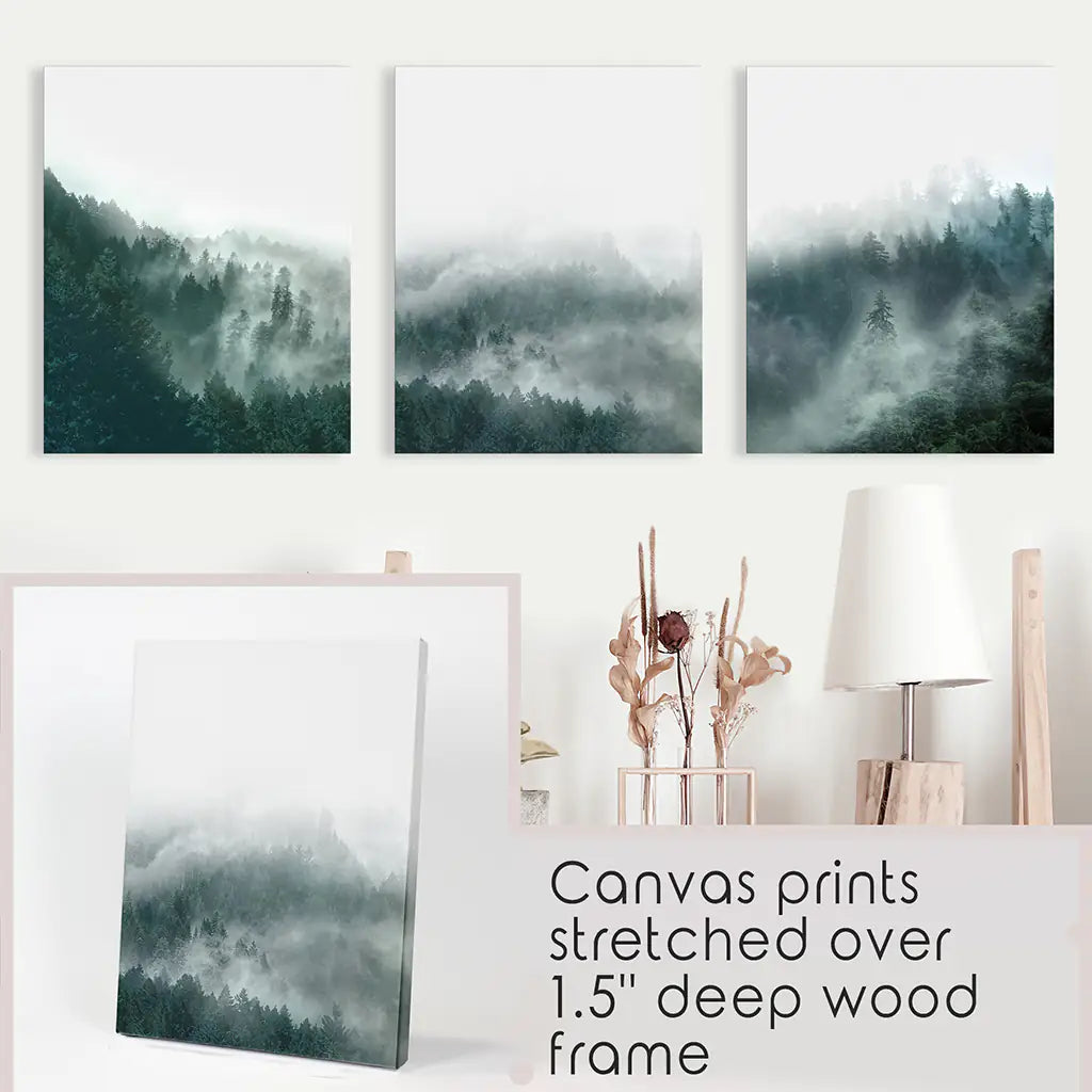 Nordic Foggy Large Forest. 3 Piece Set Triptych. Canvas Prints