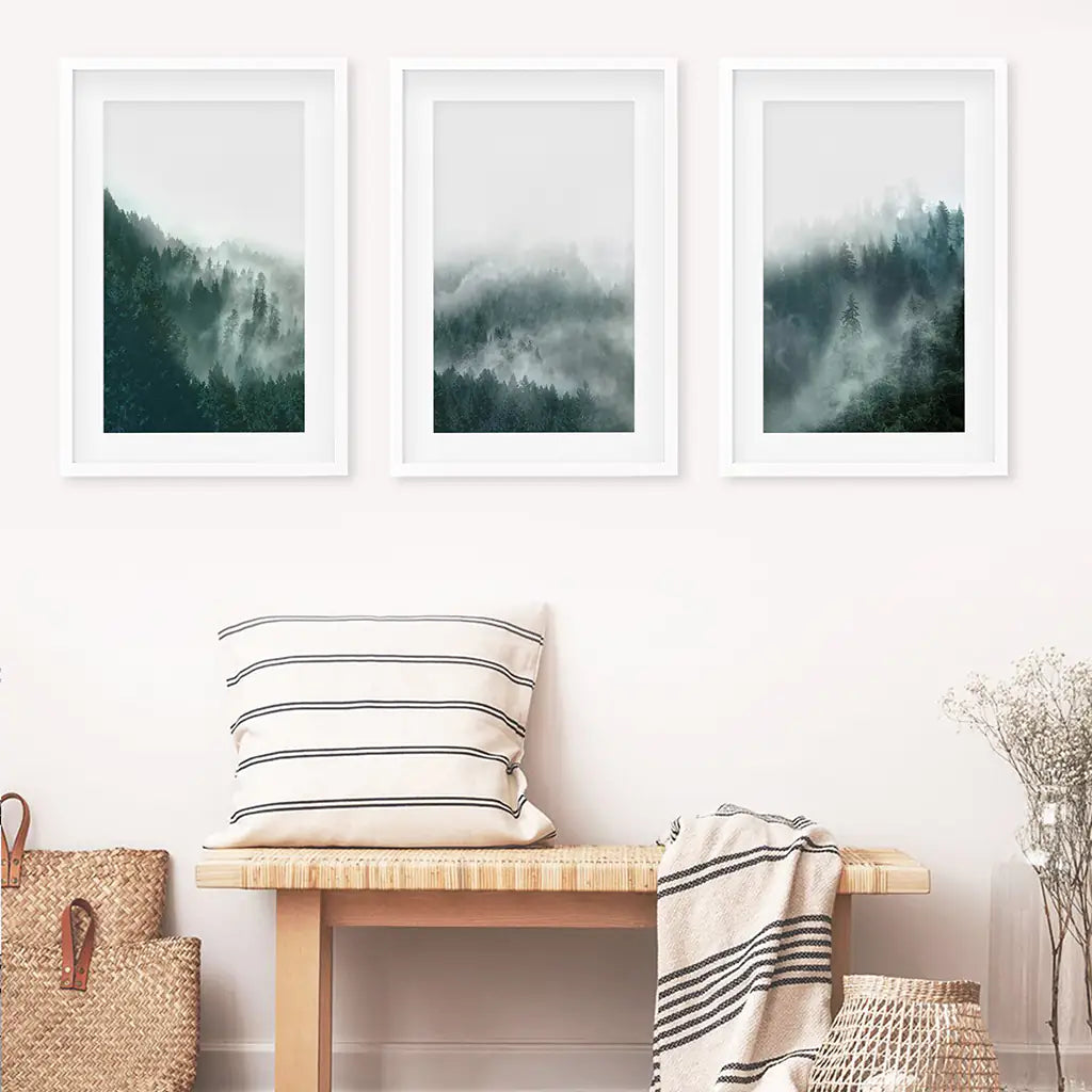 Nordic Foggy Large Forest. 3 Piece Set Triptych. White Frames with Mat