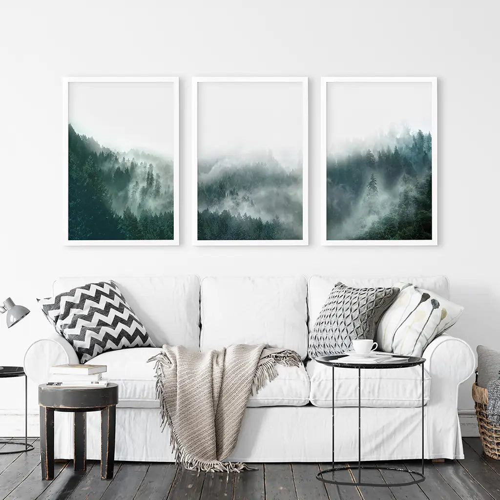 Nordic Foggy Large Forest. 3 Piece Set Triptych. White Frames