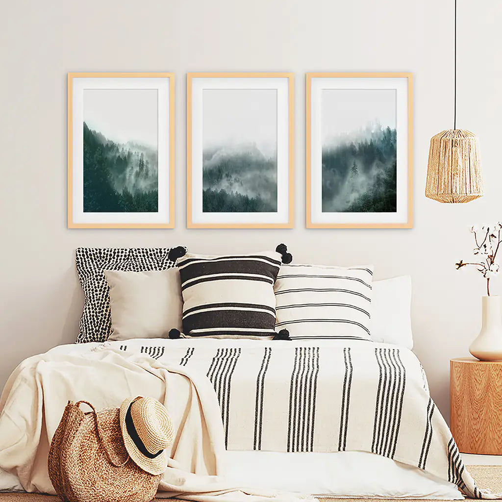 Nordic Foggy Large Forest. 3 Piece Set Triptych. Wood Frames with Mat