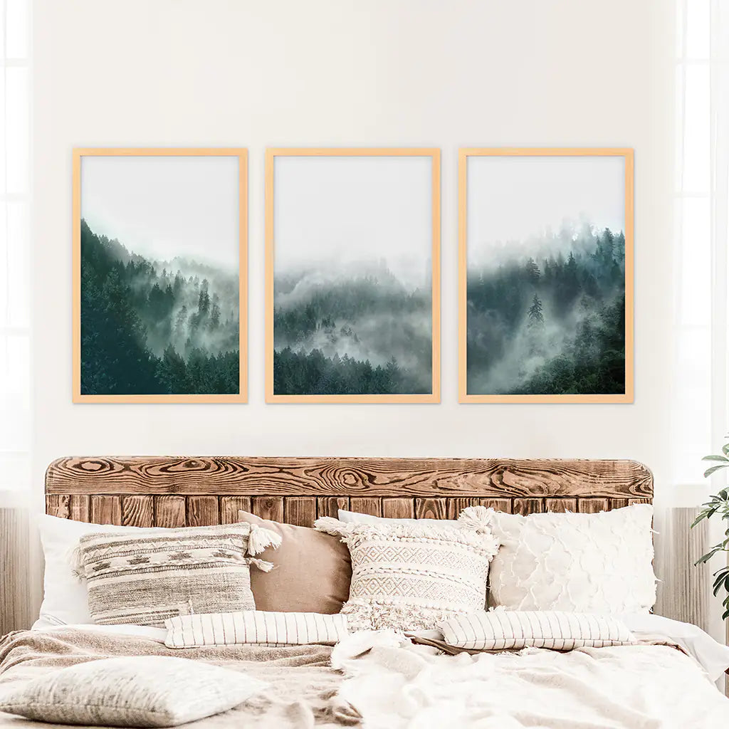 Nordic Foggy Large Forest. 3 Piece Set Triptych. Wood Frames
