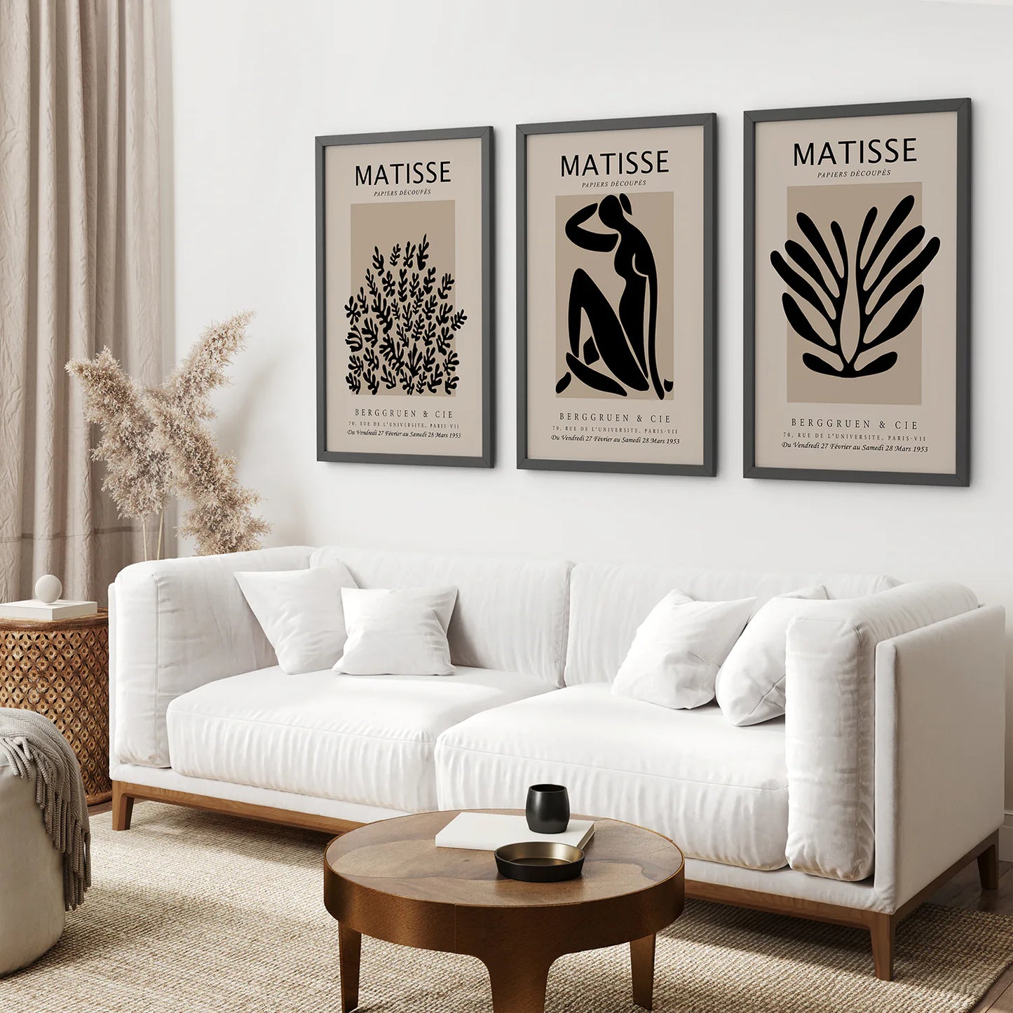 Black and Beige Matisse Set of 3 Posters. Vintage Style. Black Frame. Living Room