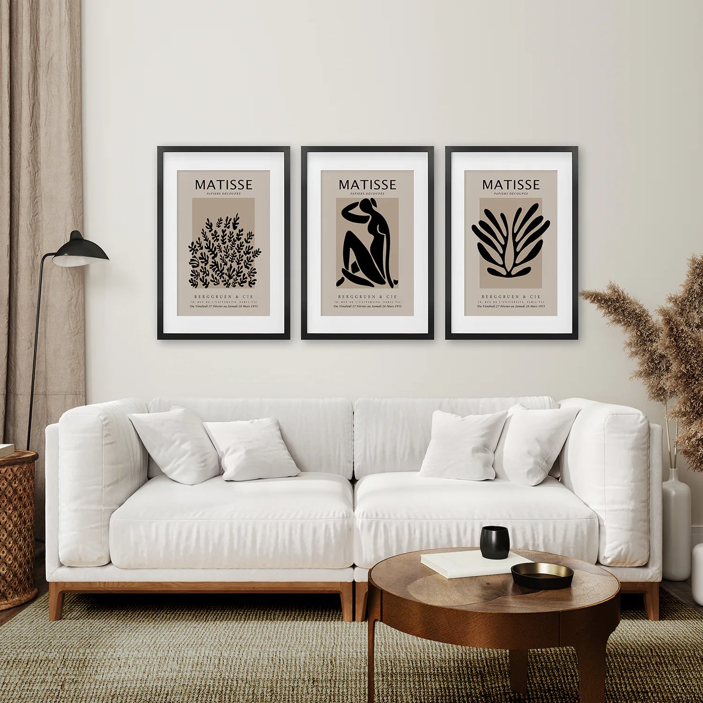 Black and Beige Matisse Set of 3 Posters. Vintage Style. Black Frame with Mat. Living Room