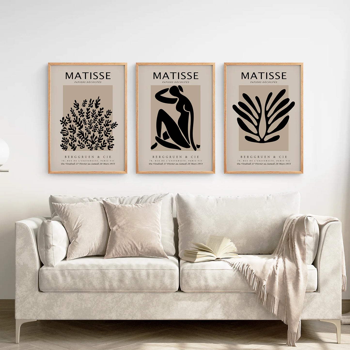 Black and Beige Matisse Set of 3 Posters. Vintage Style. Thinwood Frame. Living Room
