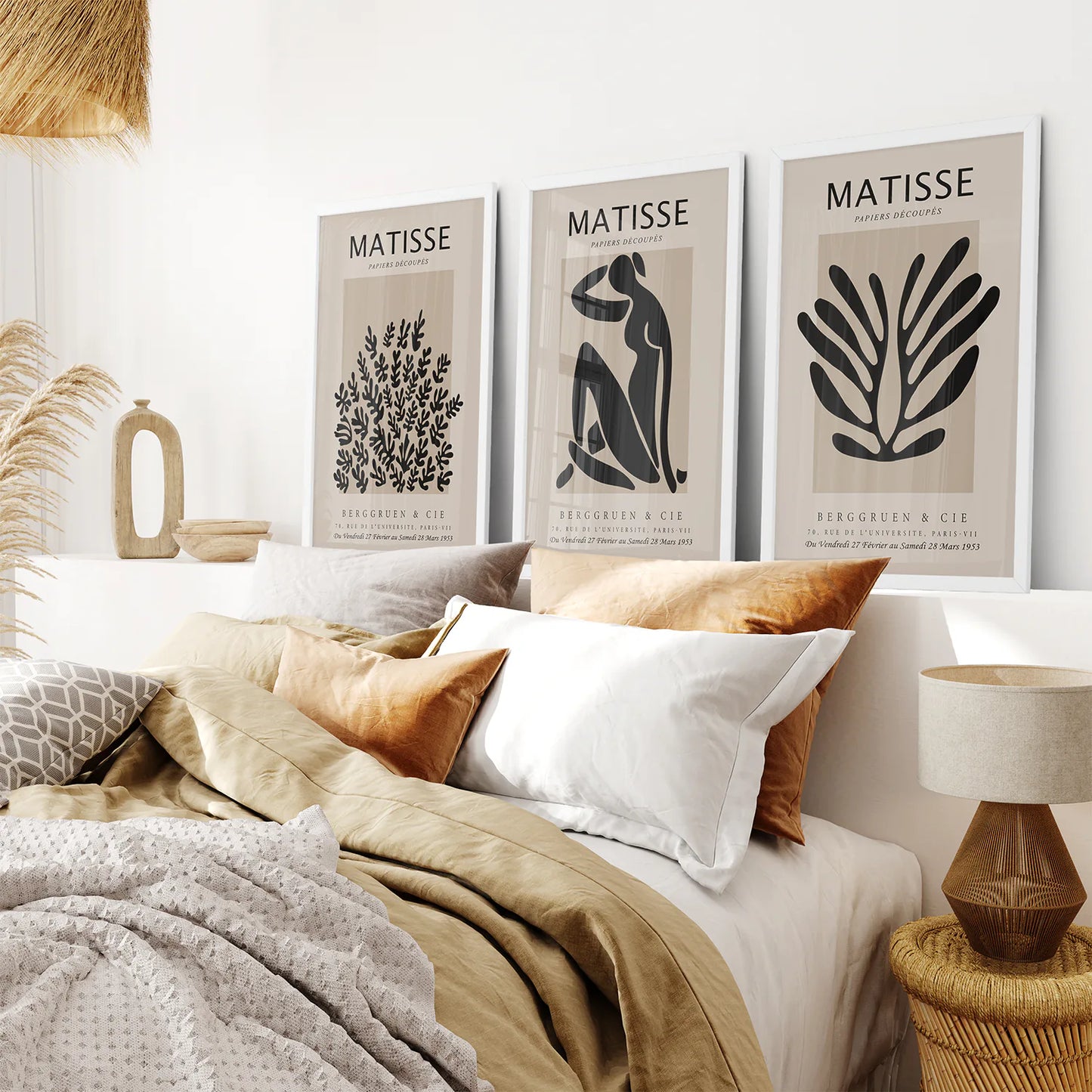 Black and Beige Matisse Set of 3 Posters. Vintage Style. White Frame. Bedroom