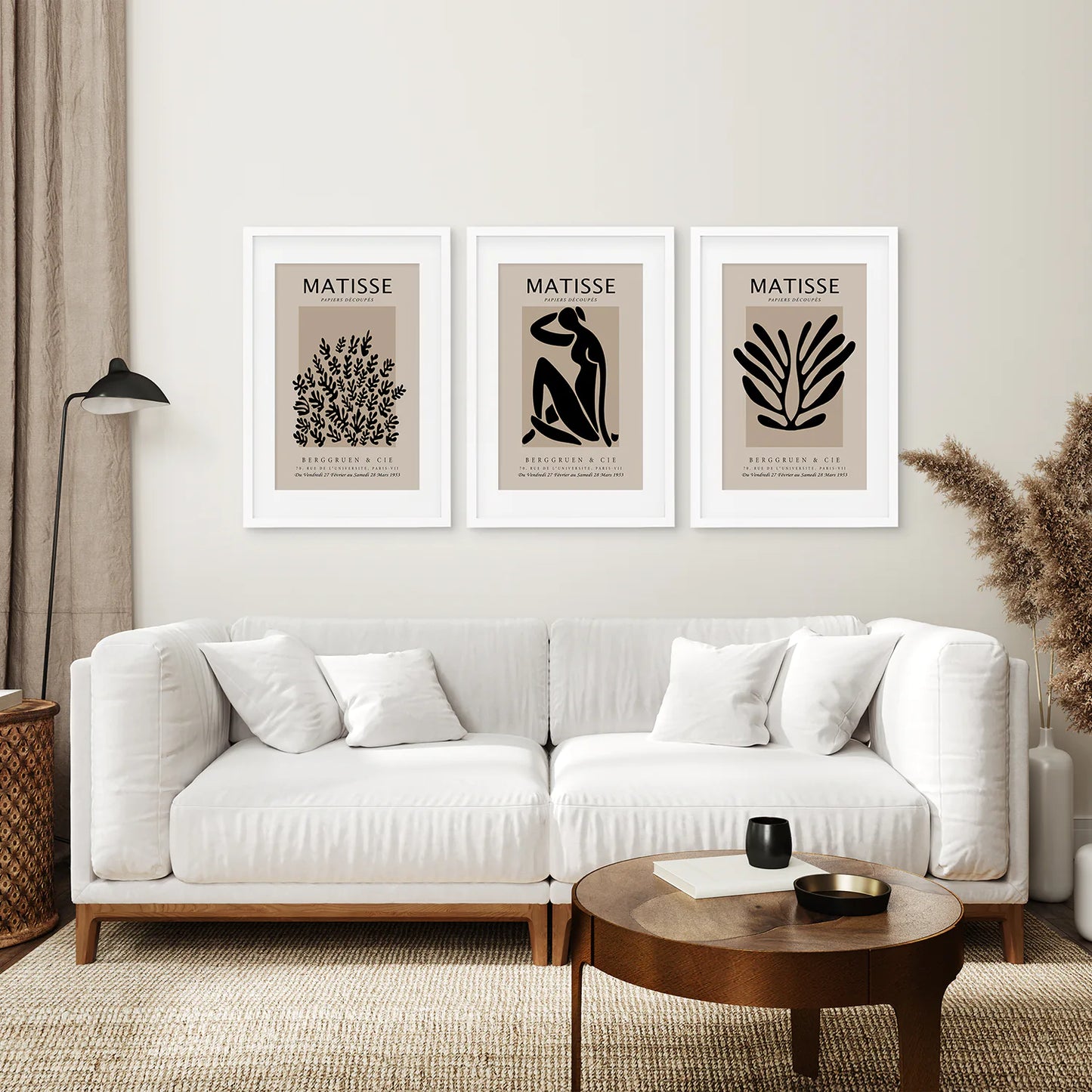 Black and Beige Matisse Set of 3 Posters. Vintage Style. White Frame with Mat. Living Room