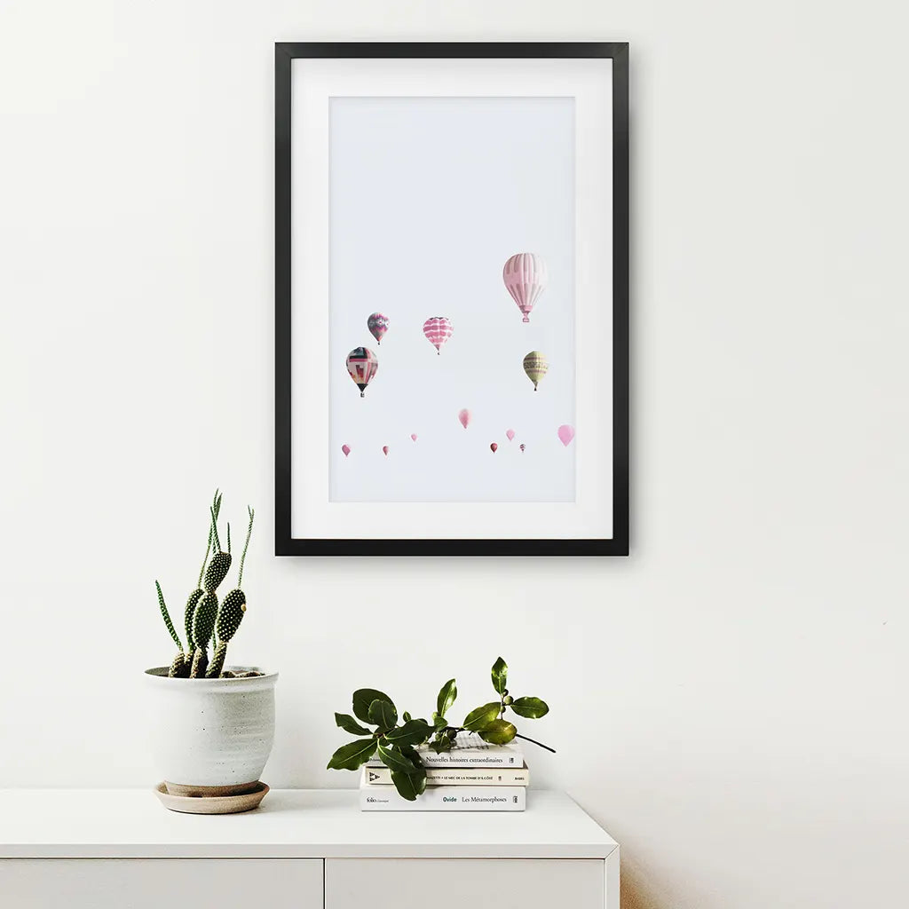 Pink Air Ballons Print. Kid's Room Theme. Black Frame with Mat
