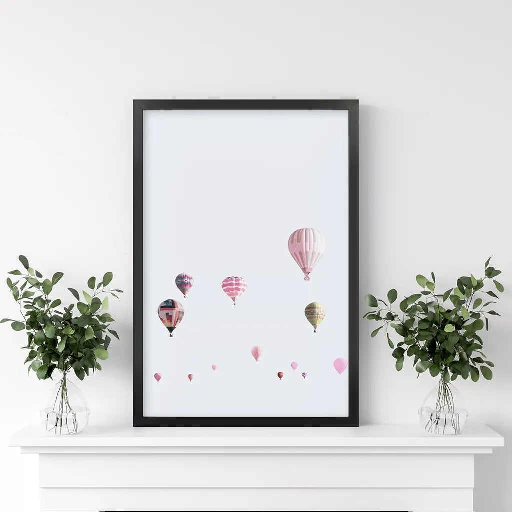 Pink Air Ballons Print. Kid's Room Theme. Black Frame