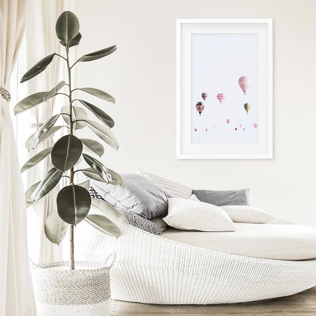 Pink Air Ballons Print. Kid's Room Theme. White Frame with Mat