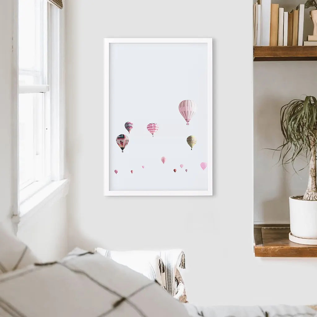 Pink Air Ballons Print. Kid's Room Theme. White Frame
