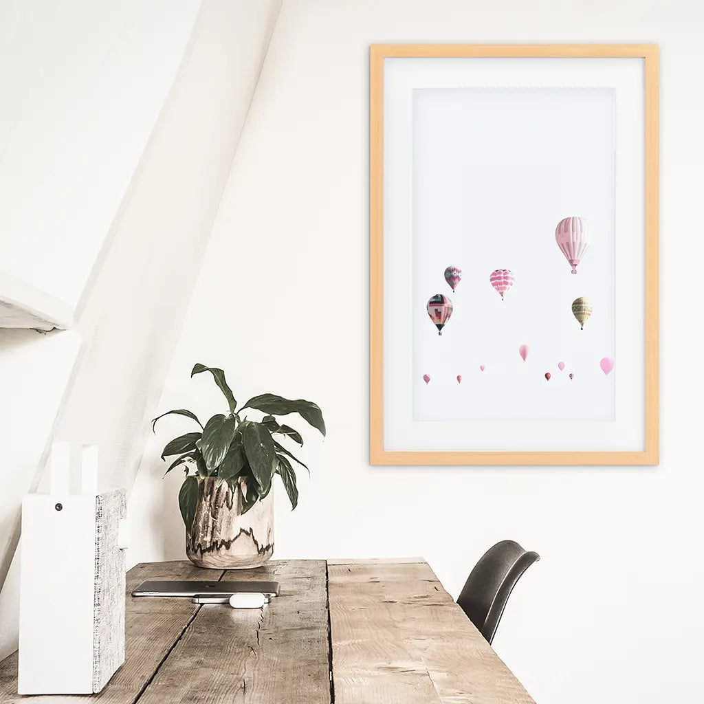 Pink Air Ballons Print. Kid's Room Theme. Wood Frame with Mat