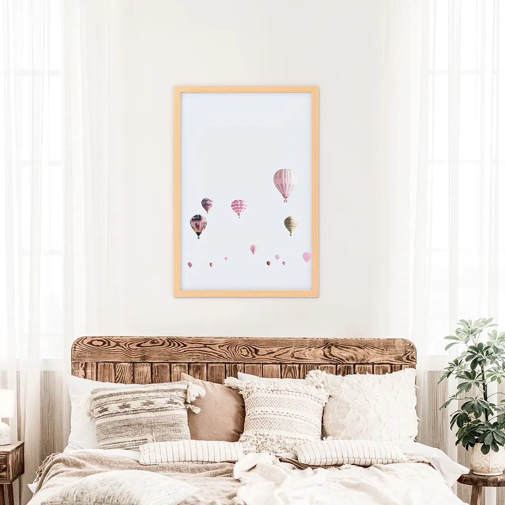 Pink Air Ballons Print. Kid's Room Theme. Wood Frame