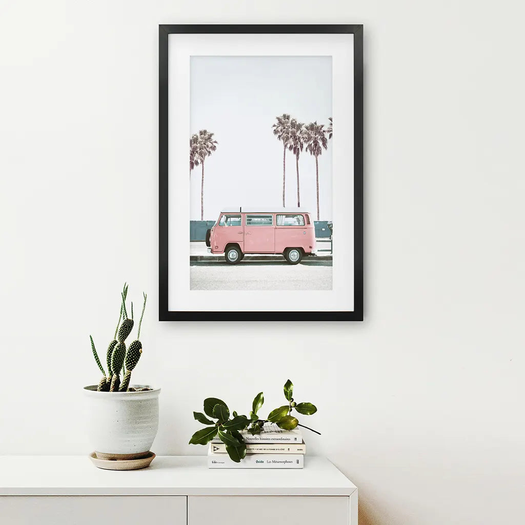 Large Pink Van Wall Decor. California Summer Theme. Black Frame with Mat