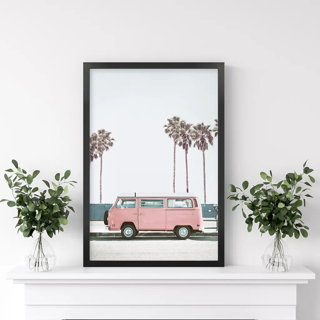 Large Pink Van Wall Decor. California Summer Theme. Black Frame
