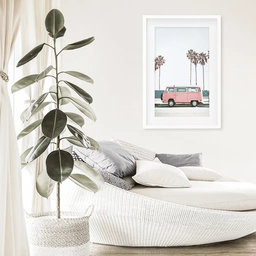 Large Pink Van Wall Decor. California Summer Theme. White Frame with Mat
