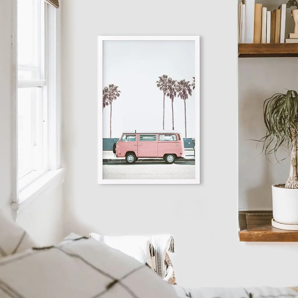 Large Pink Van Wall Decor. California Summer Theme. White Frame