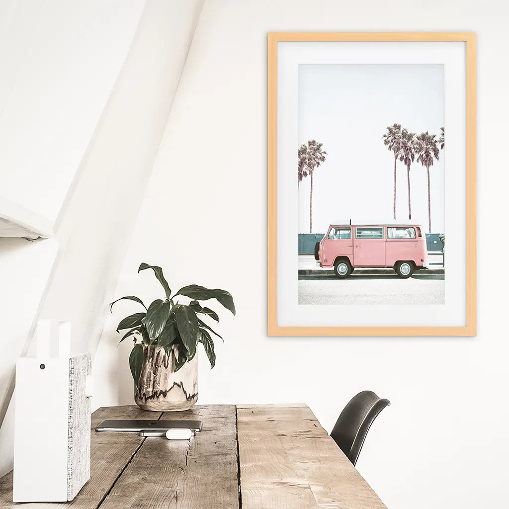 Large Pink Van Wall Decor. California Summer Theme. Wood Frame with Mat