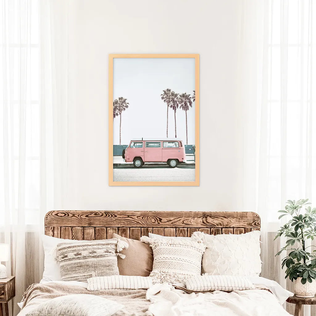 Large Pink Van Wall Decor. California Summer Theme. Wood Frame