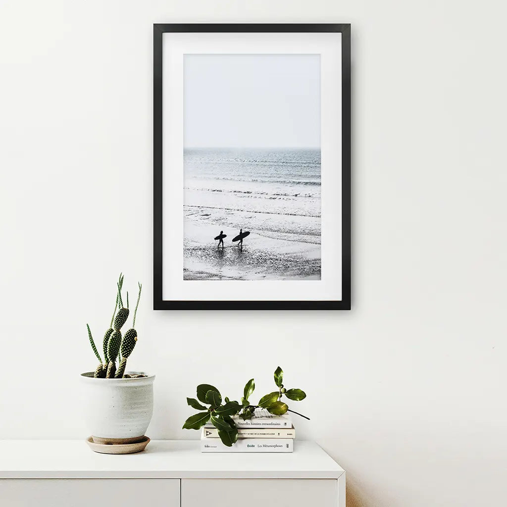 Summer Malibu Themed Wall Decor. Surfers on the Beach. Black Frame with Mat