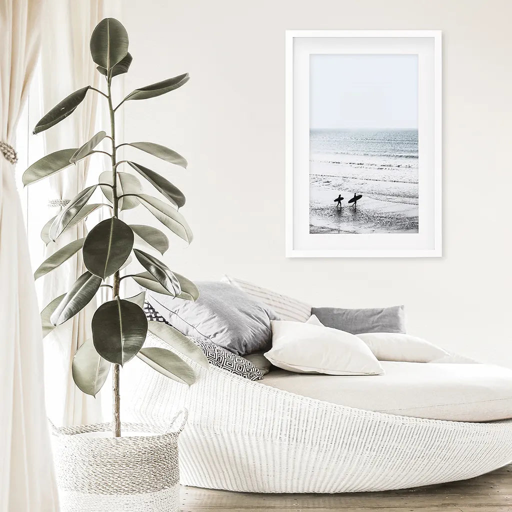 Summer Malibu Themed Wall Decor. Surfers on the Beach. White Frame with Mat