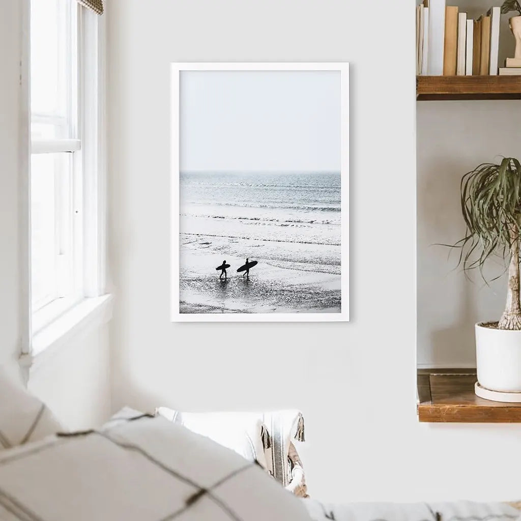 Summer Malibu Themed Wall Decor. Surfers on the Beach. White Frame