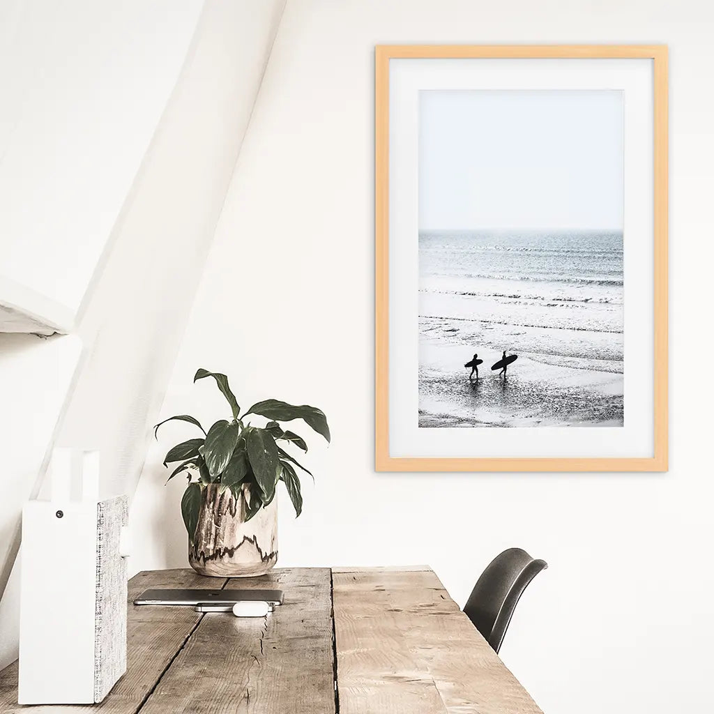 Summer Malibu Themed Wall Decor. Surfers on the Beach. Wood Frame with Mat