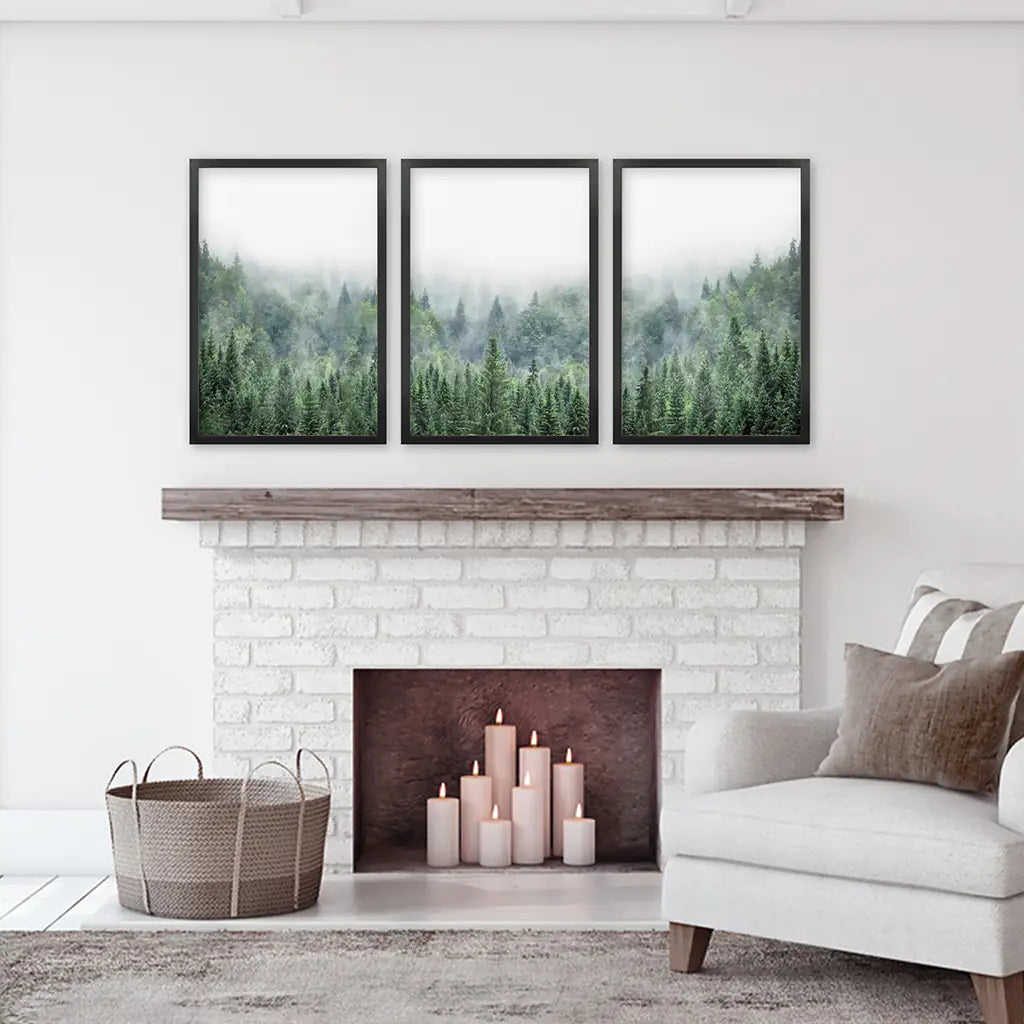 Green Forest in Fog. Triptych Wall Art. Black Frames Set
