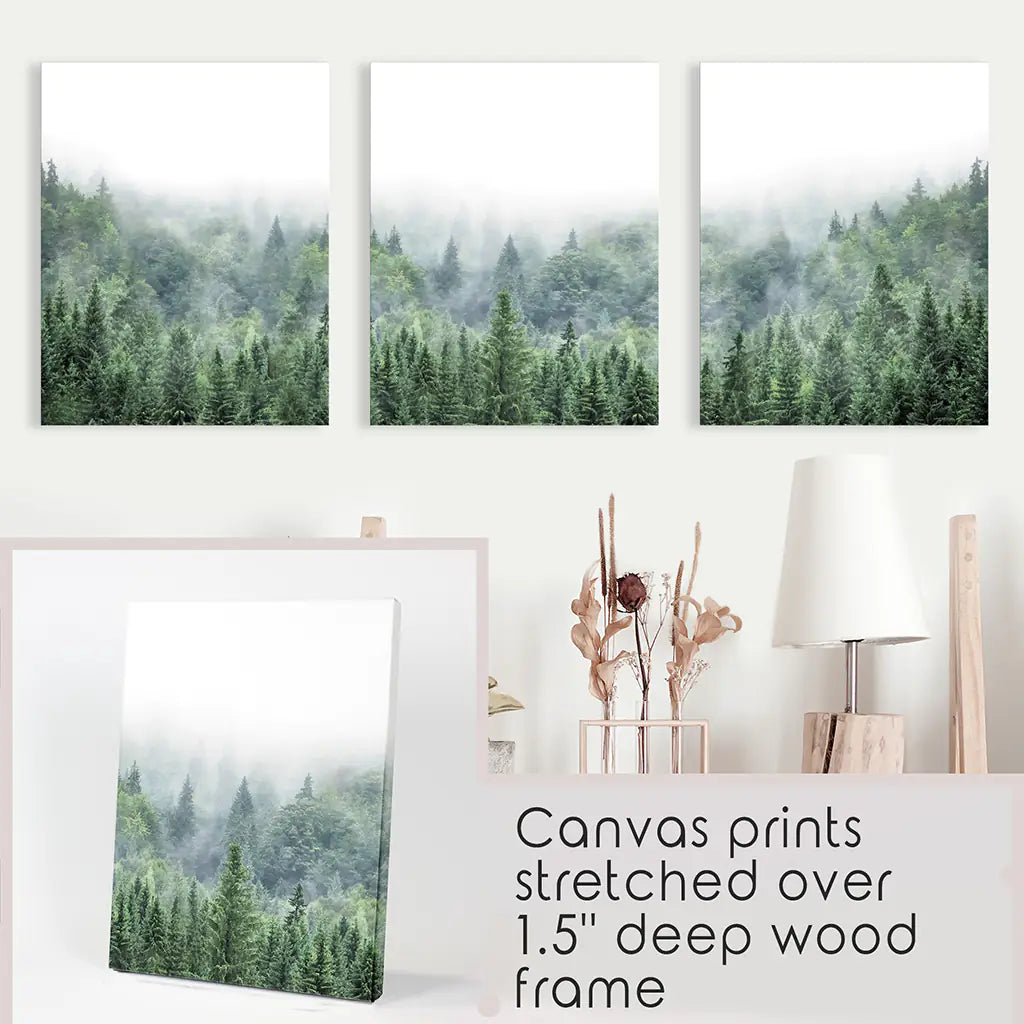 Green Forest in Fog. Triptych Wall Art. Wrapped Canvas Set