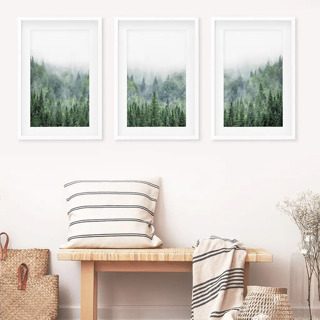 Green Forest in Fog. Triptych Wall Art. White Frames with Mat Set