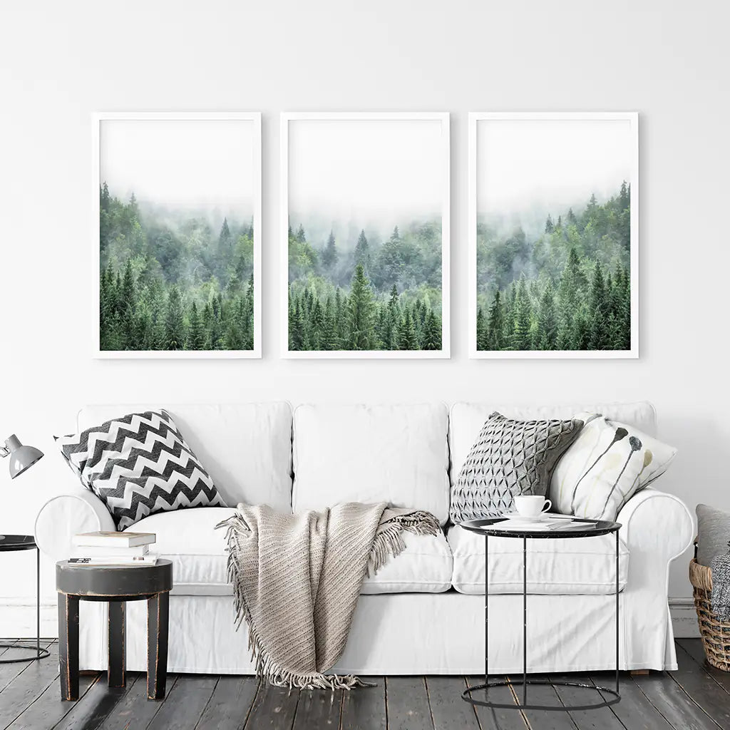 Green Forest in Fog. Triptych Wall Art. White Frames Set
