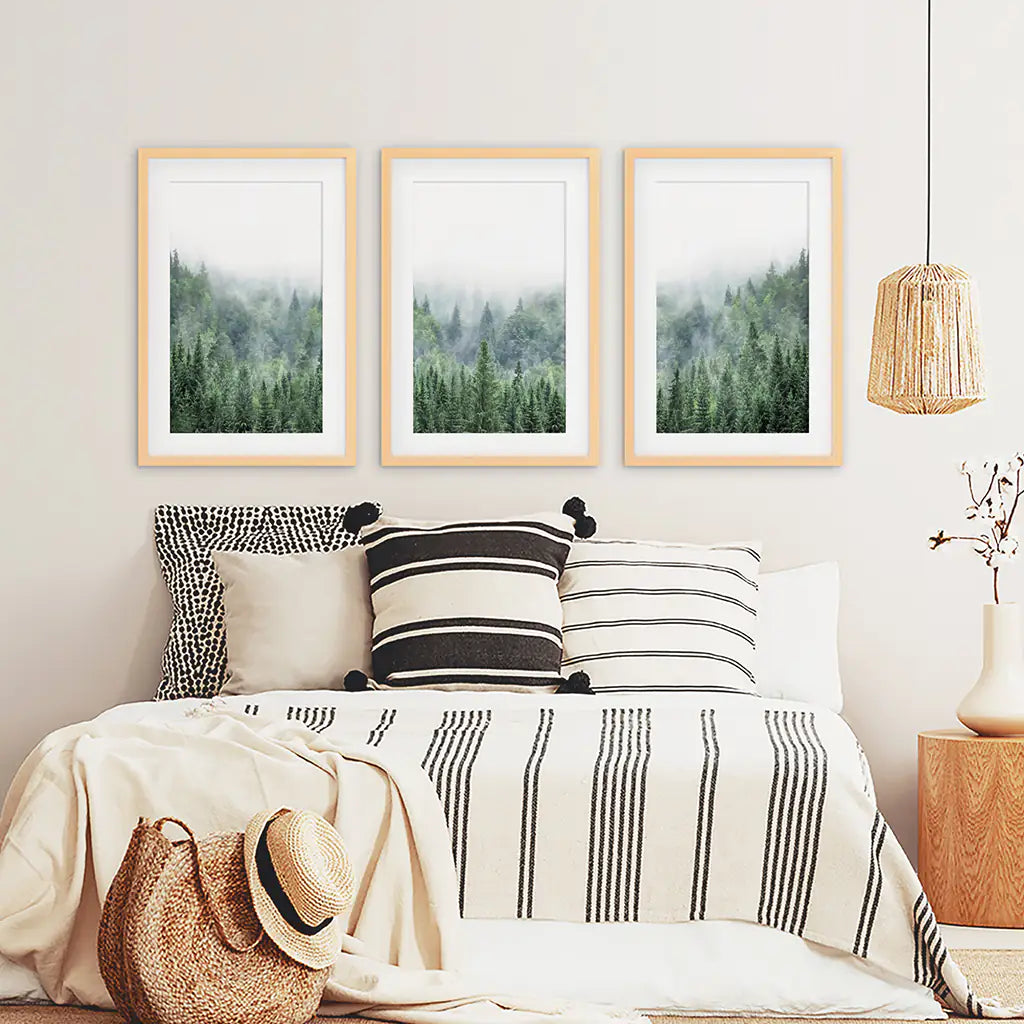 Green Forest in Fog. Triptych Wall Art. Wood Frames with Mat Set