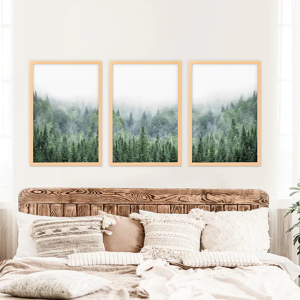 Green Forest in Fog. Triptych Wall Art. Wood Frames Set